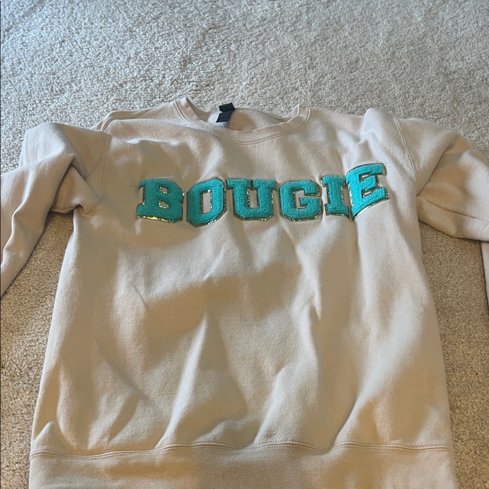 Beige Bougie Sweatshirt with Teal Lettering